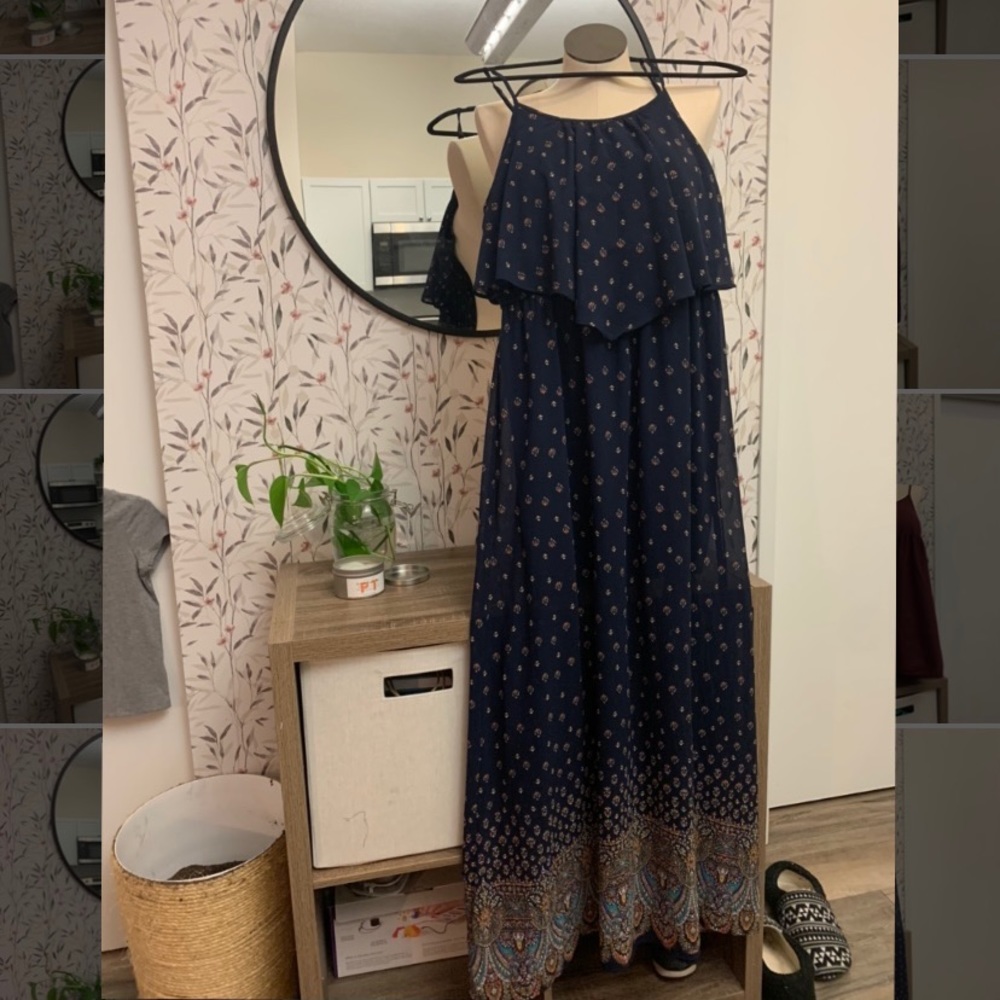 Navy blue summer maxi dress with flower pattern